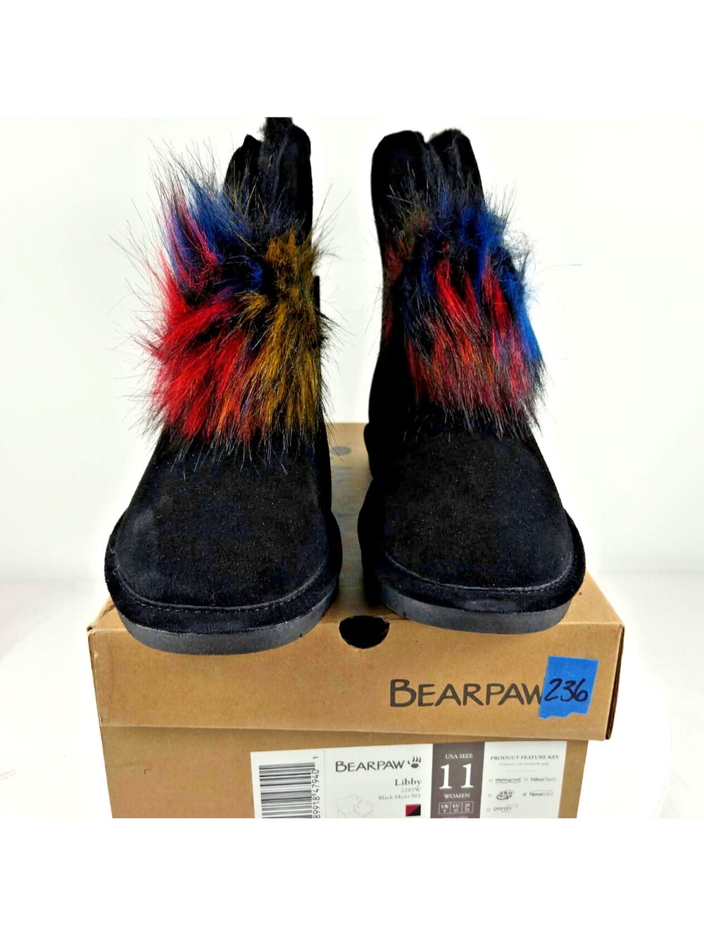 Bearpaw Libby Women 11 Black Suede Multi Faux Fur Pom Boots 2283W New w Box